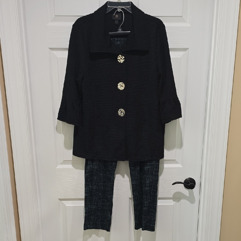 JM Collection Black Textured Jacket w/ Decorative Buttons and Green/Black Slacks